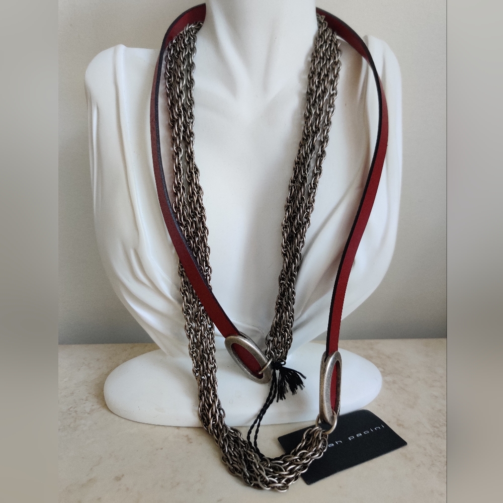 Italian Designer Sarah Pacini Leather and Pewter Ultra Long Chains Necklace NWT